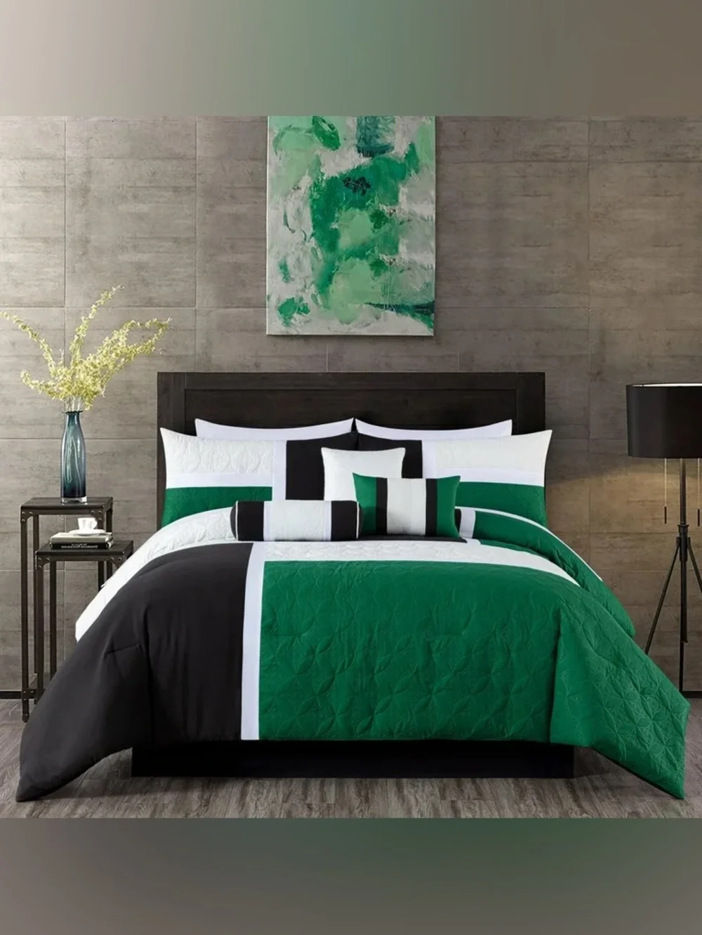 Green and Black Geometric Quilt 3 piece Queen Comforter Set